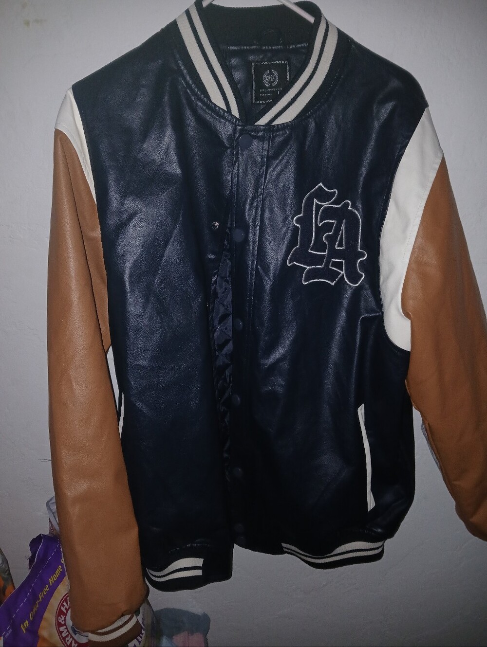 Navy Faux Leather Varsity Jacket with Brown Sleeves